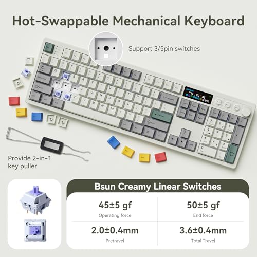BOYI K104Pro Mechanical Keyboard with 2.2" Screen&Media Knob,QMK/VIA Custom BT5.0/2.4GHz/Type-C Gasket Mounted Hot Swap RGB Full Size Creamy Wireless Keyboard NKRO Gaming Keyboard for PC/Mac(Retro) - Image 4