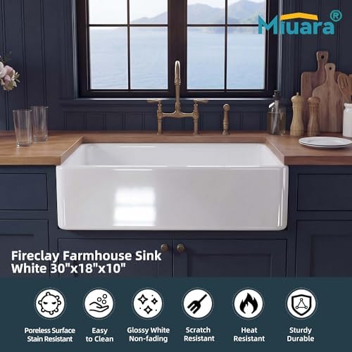 Miuara Farmhouse Sink 30 x 18 Inch White Fireclay Apron Front Kitchen Sink - Image 2