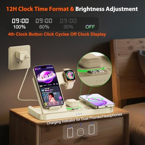 Dual Phone Magnetic Wireless Charging Station for Apple Devices, 7-Color Auto Light & 12H Clock, Multi-Device Charger for iPhone 18 Pro/18 Pro Max/17/16, for iWatch 11/10/9 & AirPods Pro3(Cream - Image 4