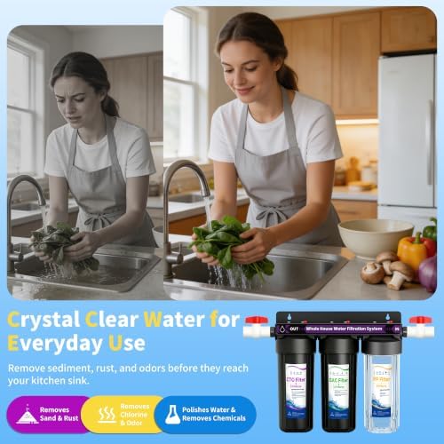 3-Stage Whole House Water Filter System, Reduces Se diment, Odor & Chlorine, 3/4" Inlet/Outlet, with Extra 2 Sets of Filters,for Apartment & Home, 10" x 2.5" Triple Pre-Filtration (PP + GAC + CTO) - Image 4
