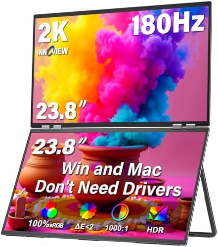 InnoView 23.8" Dual Portable Monitor 180Hz 2560 x 1440P 2K 100% sRGB - Foldable & Stackable Design with 315° Screen Adjustment & 180° Stand | USB-C/HDMI, Dual Monitor for Laptop, Mac, Windows by InnoView