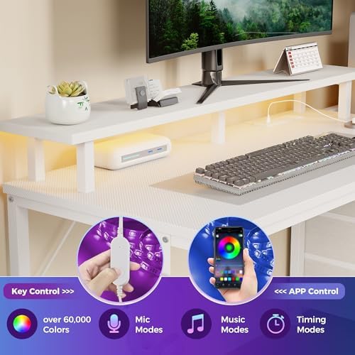 DUMOS 52" Gaming Desk with USB Charging Ports & LED Lights, White - Image 4