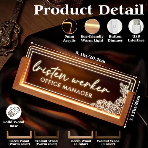 Personalized Light Up Acrylic Desk Name Plate - Custom Name Plate for Desk with Walnut Wood Base - Appreciation Office Gifts for Employees, Teacher, Social Worker (Rose-2) - Image 2