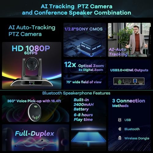 12x Zoom Conference Room Video Camera System, Al Auto-Tracking HD 1080P 60fps 12X Optical Zoom USB3.0 HDMI PTZ Camera 75° FOV and Bluetooth Conference Speaker with Microphones Bundle for Medium Room - Image 3