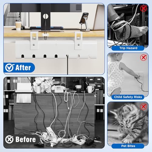 2 Pack No-Drill Under Desk Cable Management Tray 33.8 inch Large Wire Cord Organizers, Cable Management Under Desk for Home and Office No Damage White - Image 4