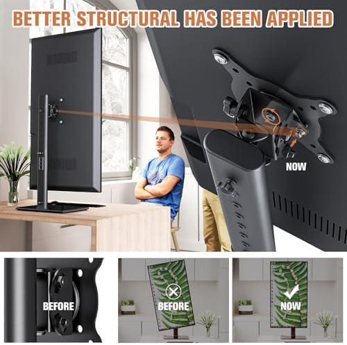 Single Monitor Stand Freestanding 27-43 Inch Monitor Arm Curved Screen Monitor Mount Tempered Glass Base Adjustable Motion Tilt -15° to 10° Swivel ±45° Rotation 360° Weight Capacity 77lbs HT05B-003 - Image 2