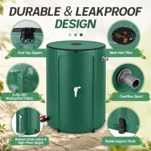 Waydress Collapsible Rain Barrel, Portable Rainwater Collection System with Spigots, Mesh Filter & Overflow Kit, Leak-Proof Foldable PVC Water Storage Tank for Garden, Car Washing(100 Gallon,Green) - Image 3