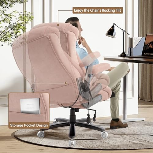 600LBS Large Big and Tall Office Chair, Heavy Duty Wide Ergonomic Gaming Office Chair with 5D Flip Arms, Comfy Fabric Executive Office Desk Chair, Extra Wide Padded Seat, Adjustable Lumbar, Pink - Image 6