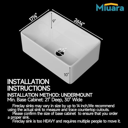 Miuara Farmhouse Sink 27 x 18 Inch White Fireclay Apron Front Kitchen Sink - Image 3