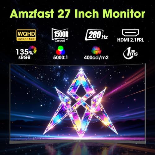 Amzfast 27" 280Hz WQHD Curved Gaming Monitor,Height Adjustable Stand,1ms OD - Image 2