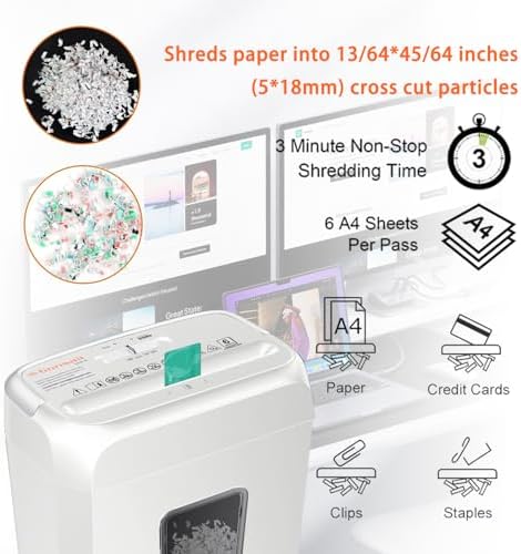 Bonsaii Low Noise Operation Paper Shredder, 6-Sheet Cross-Cut, Credit Card Shredder, Home Office, Handle for Document, Mail, Staple, 3.4 Gal Wastebasket, Easy-Carry Handle, White - Image 6