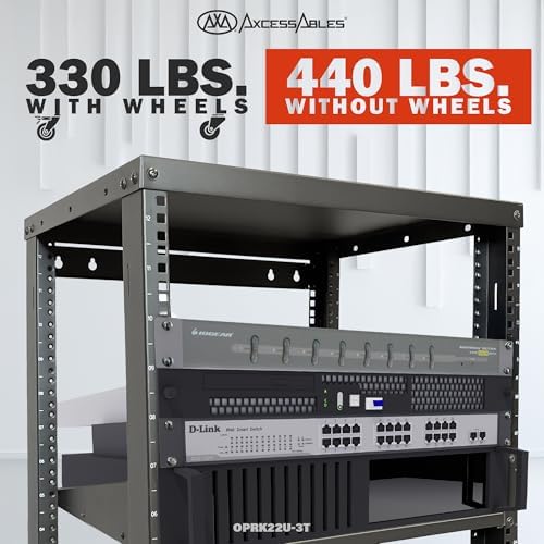 AxcessAbles 22U Open Frame Network & AV Rack with Caster Wheels, Three 2U Shelves, 10-32 & Cage Nut Compatible Rails, Cage Nuts, Screws, Cage Nut Tool & Wall Mount Kit | 19-Inch Equipment Rack - Image 4
