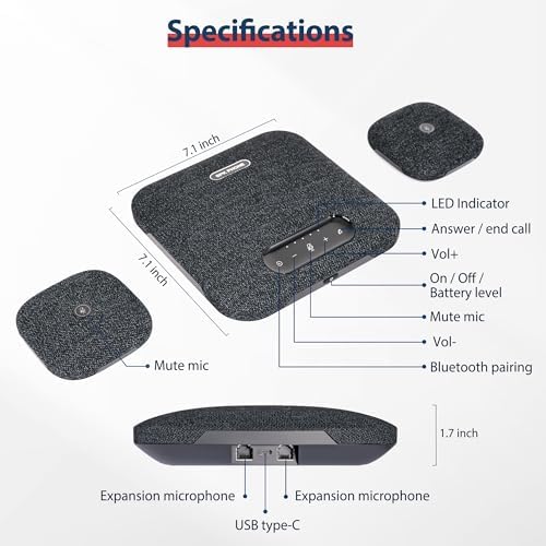 Conference Speaker and Microphone, Wireless Speakerphone w/2 Expansion Mics - Image 7