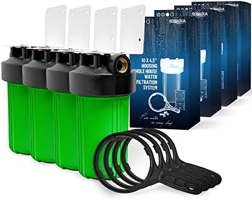 High Capacity 10 x 4.5” Whole House Filter Purifier System for Well or City Water, Presser Relief Button, 1” NPT Brass Port, Double O-Ring, Meets NSF Standards & Regulations (Green, 4 Sets) by Ronaqua