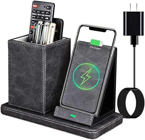 Wireless Charger with Desk Organizer, Wireless Charging Station for iPhone 13/13 Pro Max/13 Pro/12 Series/11/XS Max/XR/X/8Plus/SE 2, Wireless Charging Stand with Leather… (Gray) by LADSTAG