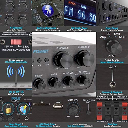 Pyle 500W Karaoke Amplifier with Bluetooth - 4 Channel Stereo Output, Front Panel Aux In, MIC1 / MIC2, Mic Vol with Echo / Talk Over, USB-A, SD/MMC, Sub Out, Rec Out - Home / Commercial -PTA44BT.5 - Image 3