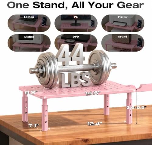 Computer Monitor Stand Riser for Desk, 3 Height Adjustable PC Laptop TV Desktop Monitor Stand Shelf, Metal Printer Table with Phone Holder, Stand Riser for Desk, Office Desk Organizers and Accessories, Pink 2 Pack - Image 3