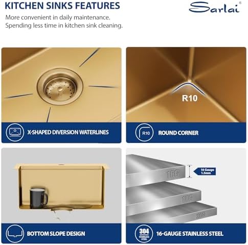 Sarlai 21 Gold Kitchen Sink with Faucet- 21x20 Inch Drop In Kitchen Sink Gold Ledge Workstation Sinks 16 Gauge Stainless Steel Single Bowl Topmount Sinks with Pull-out Faucet - Image 5