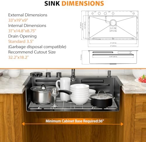 Mocoloo 33 Inch Black Honeycomb Waterfall Kitchen Sink Drop in, 33x19 Inch Stainless Steel Workstation Sink 16 Gauge Topmount Single Bowl Sink with Complete Kit - Image 2