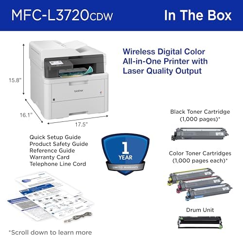 Brother MFC-L3720CDW Wireless Color Laser Printer, Scanner, Copier, Fax, Auto Duplex, 250-Sheet Capacity - Image 7