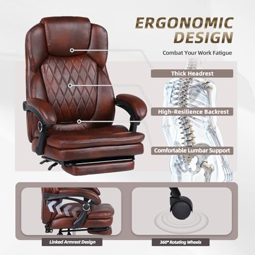 Big and Tall Office Desk Chair, Executive Office Chair with Foot Rest, PU Leather Comfy Reclining Office Chairs for Heavy People, Wide Ergonomic High-Back Computer Chairs, Brown - Image 5