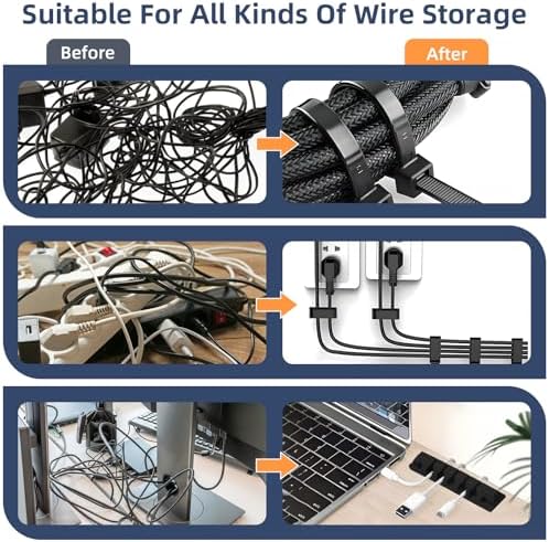 319pcs Cable Management Organizer Kit, Desk Cord Organizer, 98 Adhesive Cable Clips Holder, 17 Reusable Cable Strap, 4 Cable Sleeve Split, and 200 Nylon Cable Zip Ties (Black) - Image 3