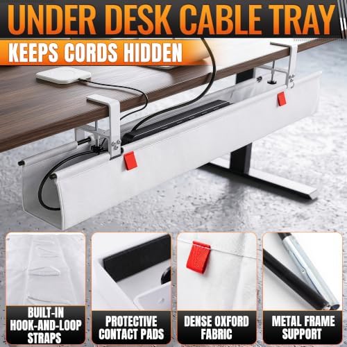Under Desk Cable Management Tray 36" — No Drill Clamp-On Cord Organizer for Desk with Built-in Ties, Heavy Duty Metal Clamp, Foldable 600D Oxford Fabric for Home Office, WFH & Gaming PC Setup (White) - Image 3