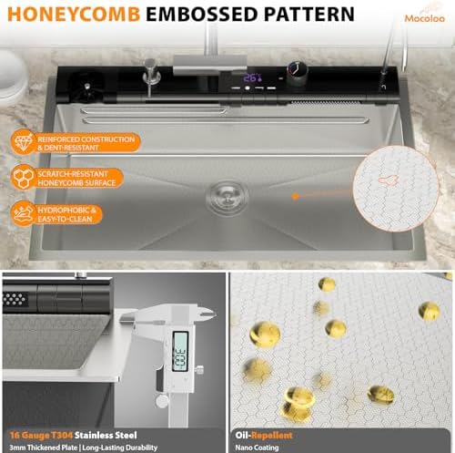 Mocoloo 33 Inch Honeycomb Waterfall Kitchen Sink - 33x19 Inch (Not 22") Drop in Workstation Sink, 16 Gauge Stainless Steel Topmount Single Bowl LED Display Sink with Complete Kit - Image 4