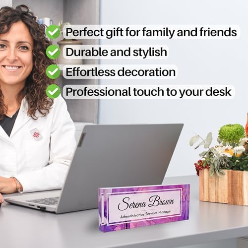 Customized Clear Acrylic Thick 8x3" Desk Name Plate Block with Personalized Logo - Professional Office Decor - Customized Acrylic Plate Gift for Teacher Co-workers (Purple Dream) - Image 4