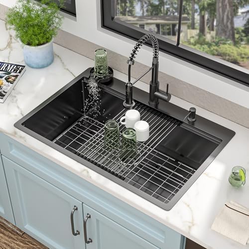 33"x22" Drop In Kitchen Sink with Faucet Combo & Glass Rinser - Image 4
