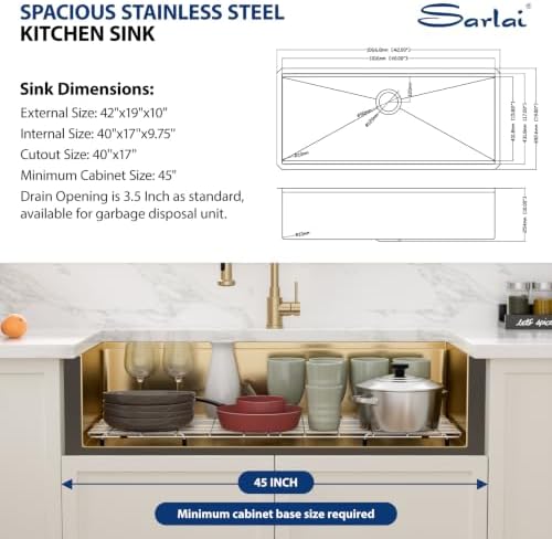 Sarlai 42 Gold Undermount Kitchen Sink 42"x19" Workstation Stainless Steel - Image 5