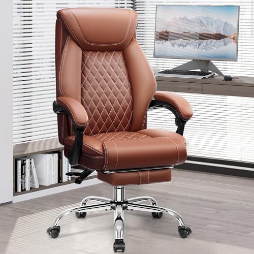 Office Chair, Executive Leather Office Chairs with Rocking Function, Big and Tall Ergonomic Computer Chair with Lumbar Support Flip-Up Armrests, Comfortable Gaming Chairs for Home Ofiice - Image 2