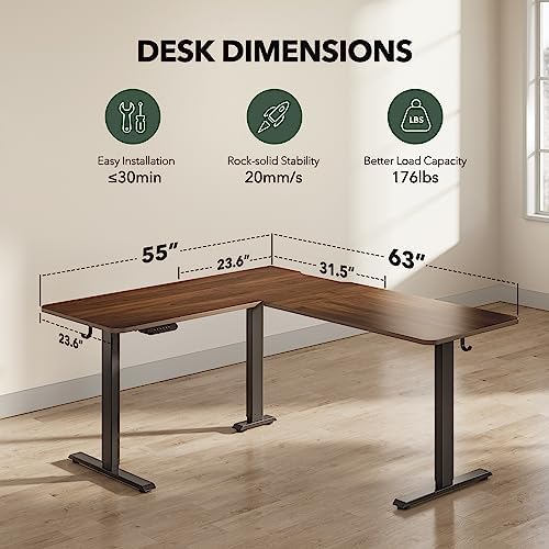 Cubiker Reversible L Shaped Standing Desk - 63 x 55 Inch Electric Adjustable Height Corner Standing Desk, Ergonomic Sit Stand Up Table with 3 Memory Buttons, Splice Board for Home Office, Black Walnut - Image 2