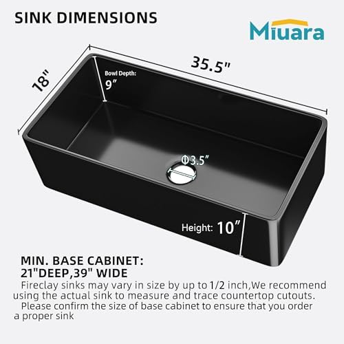 Miuara Farmhouse Sink 36 x 18 Inch Black Fireclay Apron Front Kitchen Sink - Image 6