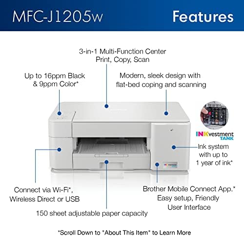 Brother MFC-J1205W INKvestment -Tank Wireless Multi-Function Color Inkjet Printer with Up to 1-Year in Box, Works with Alexa - Image 3