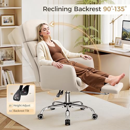 Big and Tall Office Chair 500LBS, Ergonomic High Back Leather Executive Chair, Reclining Swivel with Adjustable Armrests Lumbar Support Footrest, Cross Legged, Beige - Image 5