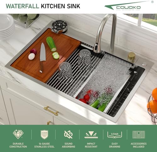 33x22 Drop In Workstation Waterfall Kitchen Sink with Accessories - Image 2