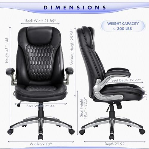 COLAMY Executive Office Chair-Ergonomic Computer Desk Chair, High Back Leather Chair with Padded Flip-up Arms, Swivel Home Office Chair, Black - Image 3