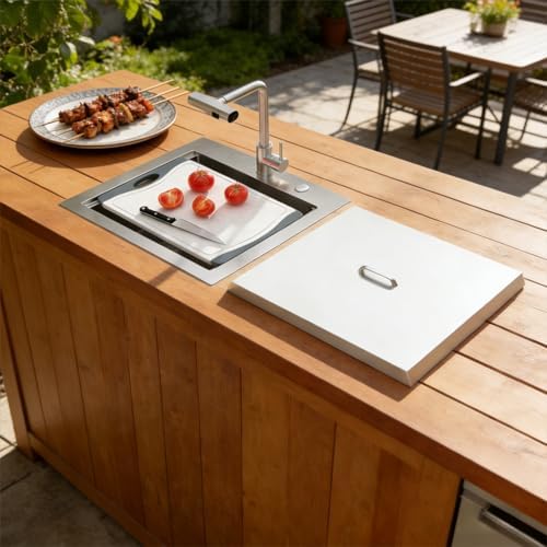 Lordear Drop In Outdoor Kitchen Sink Workstation with Pull-out Faucet 21" x 20" Bar Prep Sink 16 Gauge Stainless Steel Single Bowl Small Kitchen Camper Wet Bar Mobile Home RV Basin with Cover - Image 2