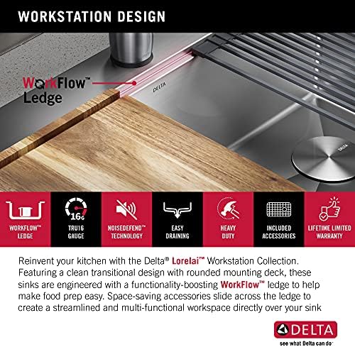 DELTA FAUCET 95A932-25S-SS Lorelai Workstation Kitchen Sink Drop-in Top Mount Stainless Steel Single Bowl with WorkFlow Ledge and Chef’s Kit of 5 Accessories - Image 4