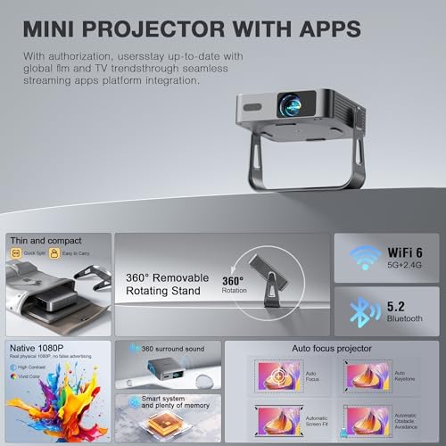 [2000 ANSI & Auto Focus]Light Silver Smart Mini Projector with WiFi and Bluetooth, XuanPad 4K Support Movie Projector, Portable Native 1080P Outdoor Projector with 360° Stand - Image 5