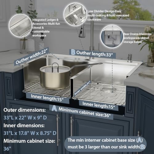 33 x 22 Drop In Kitchen Sink Double Bowl Stainless Steel Sinks Low Divide - Image 5
