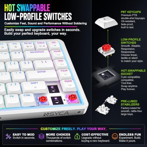 Air75 Low Profile Mechanical Keyboard Wireless, 75% Aluminum Frame, Hot Swappable, Shine Through PBT Keycaps, RGB Backlit, Bluetooth/2.4GHz/USB-C, Gaming Keyboard for Mac Windows (White) - Image 6
