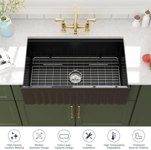 Lordear 33 Inch Black Fireclay Farmhouse Sink Workstation Fluted Reversible - Image 4
