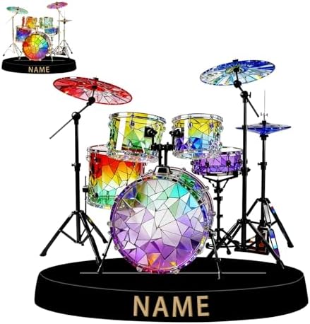 Personalized Acrylic Drum Set Decoration - Stained Glass Style Colorful Figurine with Custom Name Plate, Music Desktop Ornament Gifts for Drummers Music Bands Percussion Lovers by Unknown