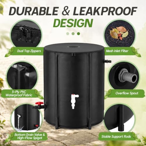 Waydress 53 Gallon Collapsible Rain Barrel, Portable Rainwater Collection System with Spigots, Mesh Filter & Overflow Kit, Leak-Proof Foldable PVC Water Storage Tank for Garden, Car Washing (Black) - Image 3