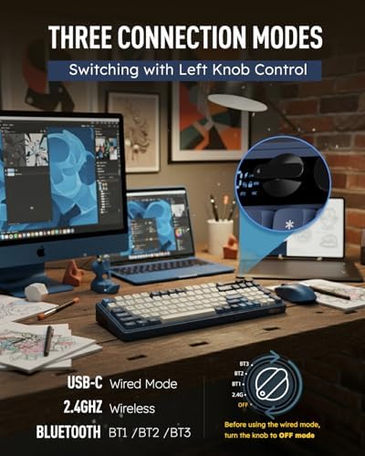 RK ROYAL KLUDGE M100 Wireless Mechanical Keyboard with Screen & Knobs, Blue - Image 4