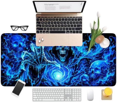 Blue Neon Skull Extended Gaming Mouse Pad 35.4"x15.7" Large Extended Pad Desk Mat Anti-Slip Rubber Base & Durable Stitched Edges for Gamers Smooth Mouse Pad Writing Surface for Desk Office/Home - Image 3