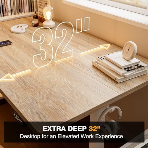 Grandder 47x32 Large Electric Standing Desk, Height Adjustable Computer Desk with 2 Memory Presets, 31.5" Deep Desktop Sit Stand Desk Home Office Desk Workstation Table with Hooks, Maple - Image 5