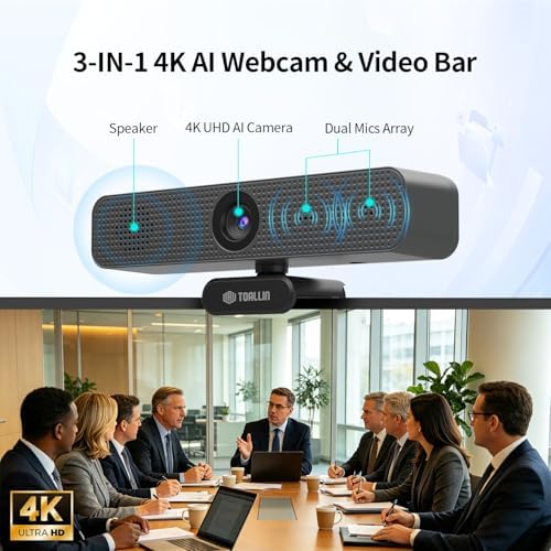 TOALLIN 4K All-in-One Webcam with Microphones and Speaker, AI Auto Framing - Image 2
